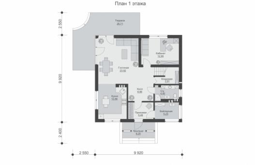 Одноэтажный дом с мансардой, кабинетом и тремя спальнями