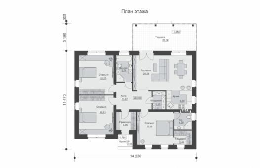 Одноэтажный дом с тремя спальнями, просторной гостиной и террасой