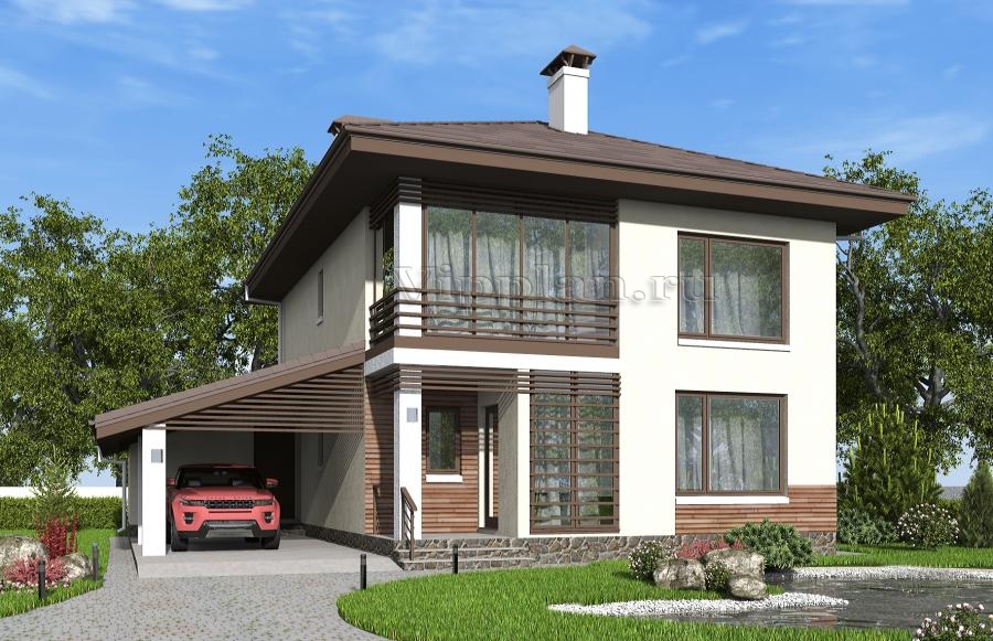 Двухэтажный дом с навесом под машину, террасой, балконом и кабинетом